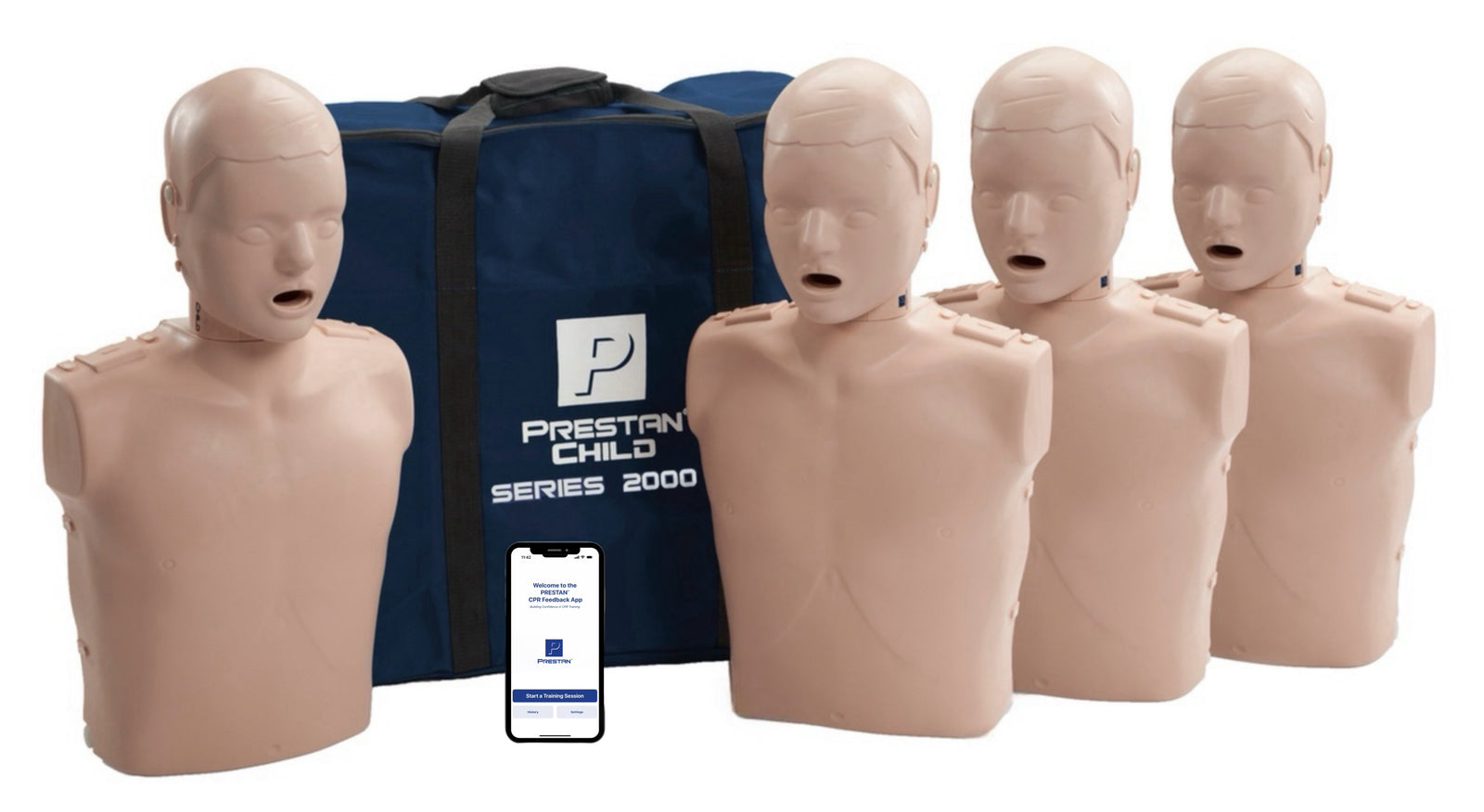 Four PRESTAN Professional Child Series 2000 Manikins from The AED Shop with advanced CPR feedback are shown with a blue carrying bag and a smartphone app, delivering realistic training and enhanced visual feedback.