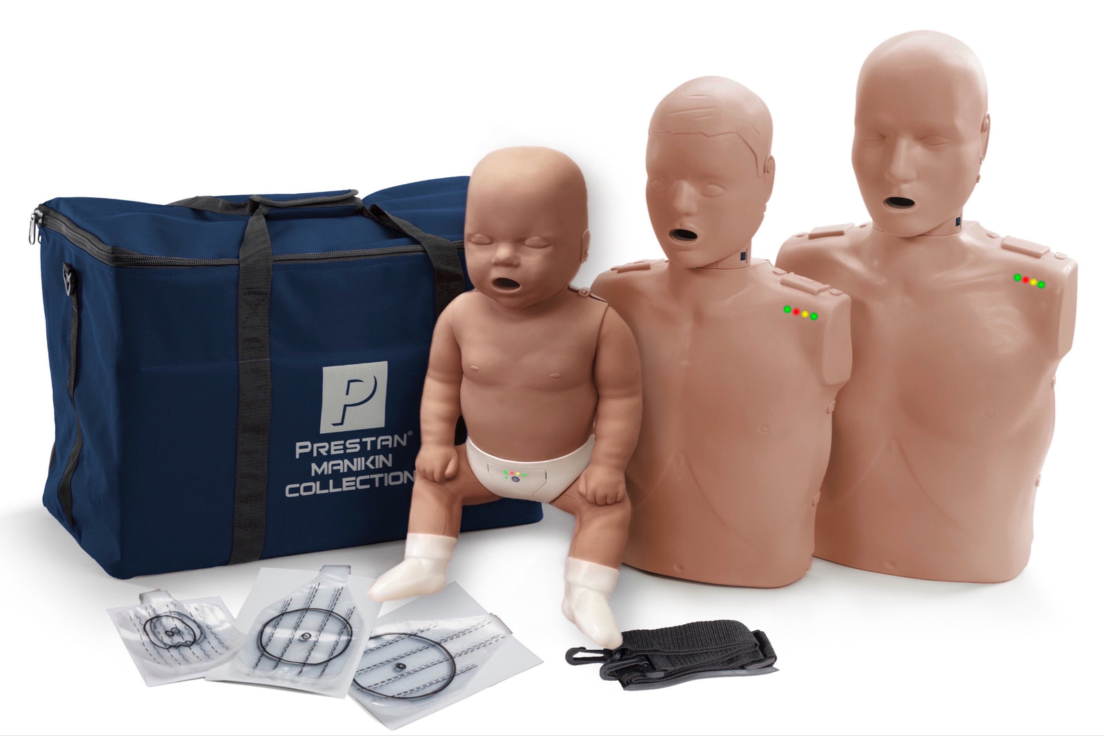 Three Prestan Professional Series Training Manikins (adult and infant) by Prestan, including accessories, built-in CPR Monitors, and blue carrying bag.