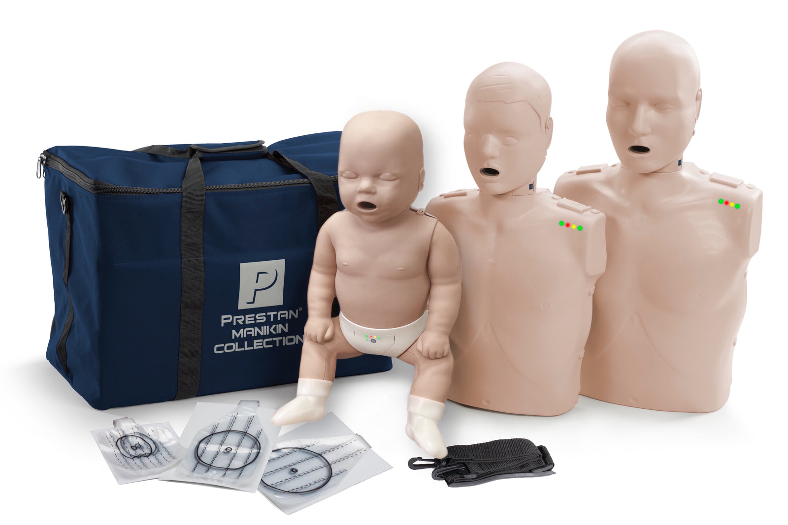 The Prestan Professional Series Training Manikin Collection by Prestan includes three CPR-AED manikins with accessories, a blue carrying bag, and CPR Monitors for real-time feedback during hands-on training.