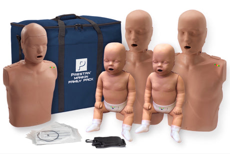 The Prestan Professional Training Manikin FAMILY Pack by Prestan includes two adult and two infant CPR manikins, a blue carrying bag, accessories, and an integrated CPR monitor for effective training.