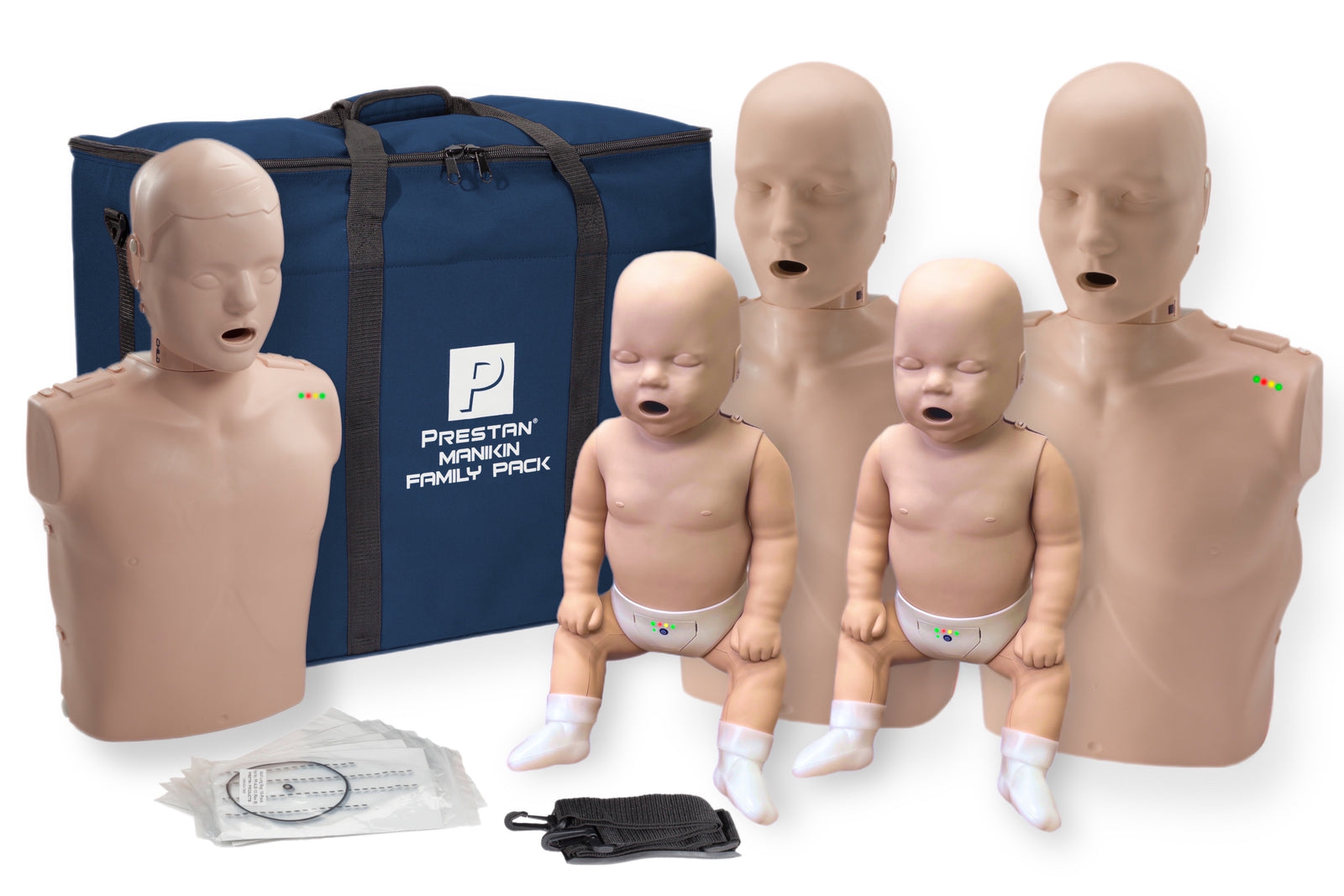 The Prestan Professional Training Manikin FAMILY Pack by Prestan includes two adult and two infant CPR-AED manikins, a blue carrying bag, and CPR monitor training accessories.