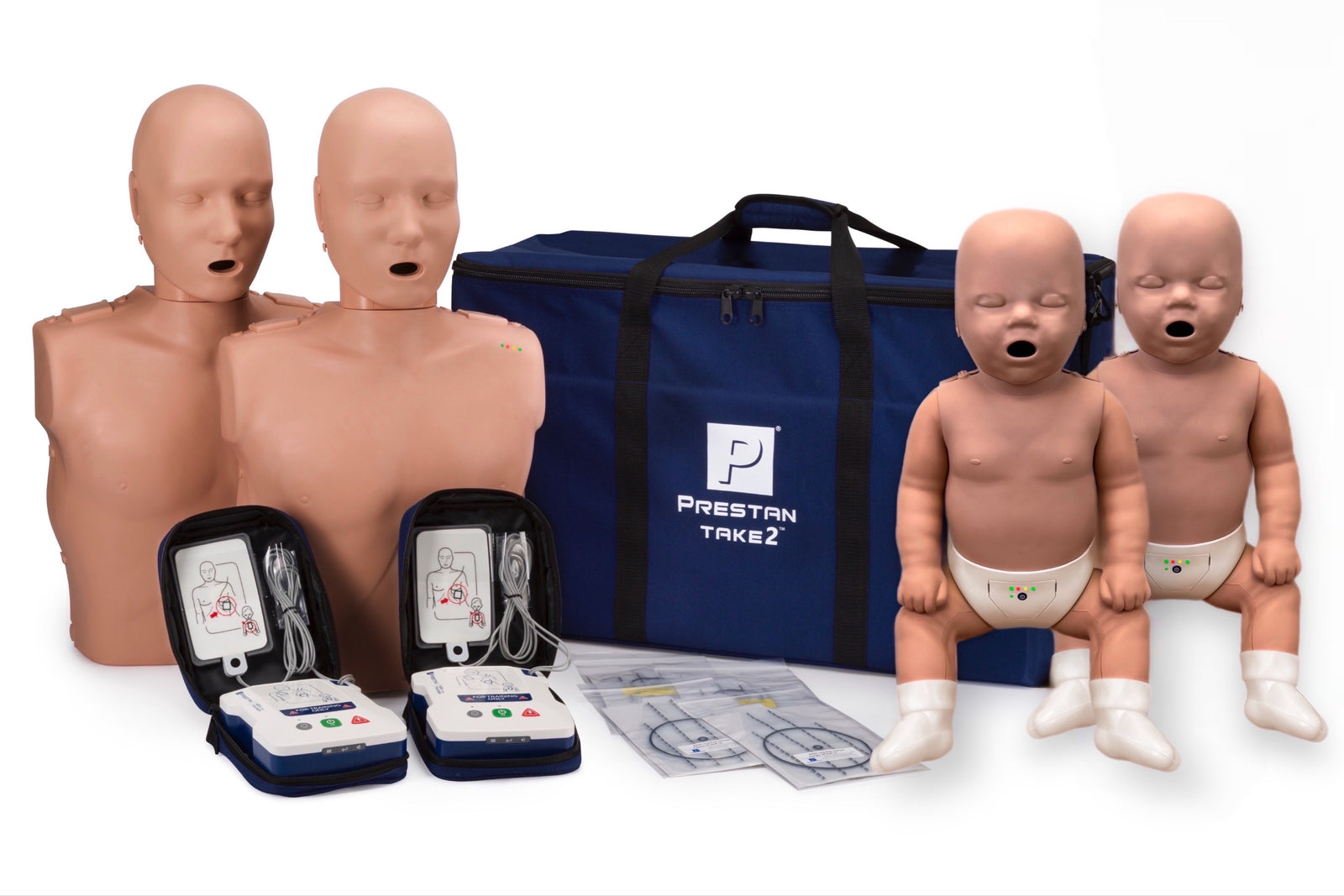 The Prestan TAKE2 Manikin and Training Unit Pack includes two adult and two infant Prestan manikins with AED trainers, all in a blue Prestan carrying bag—ideal for comprehensive CPR training.