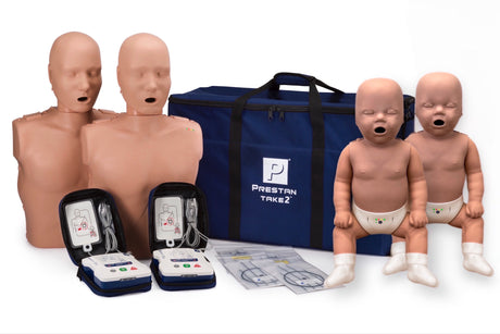 The Prestan TAKE2 Manikin and Training Unit Pack includes two adult and two infant Prestan manikins with AED trainers, all in a blue Prestan carrying bag—ideal for comprehensive CPR training.