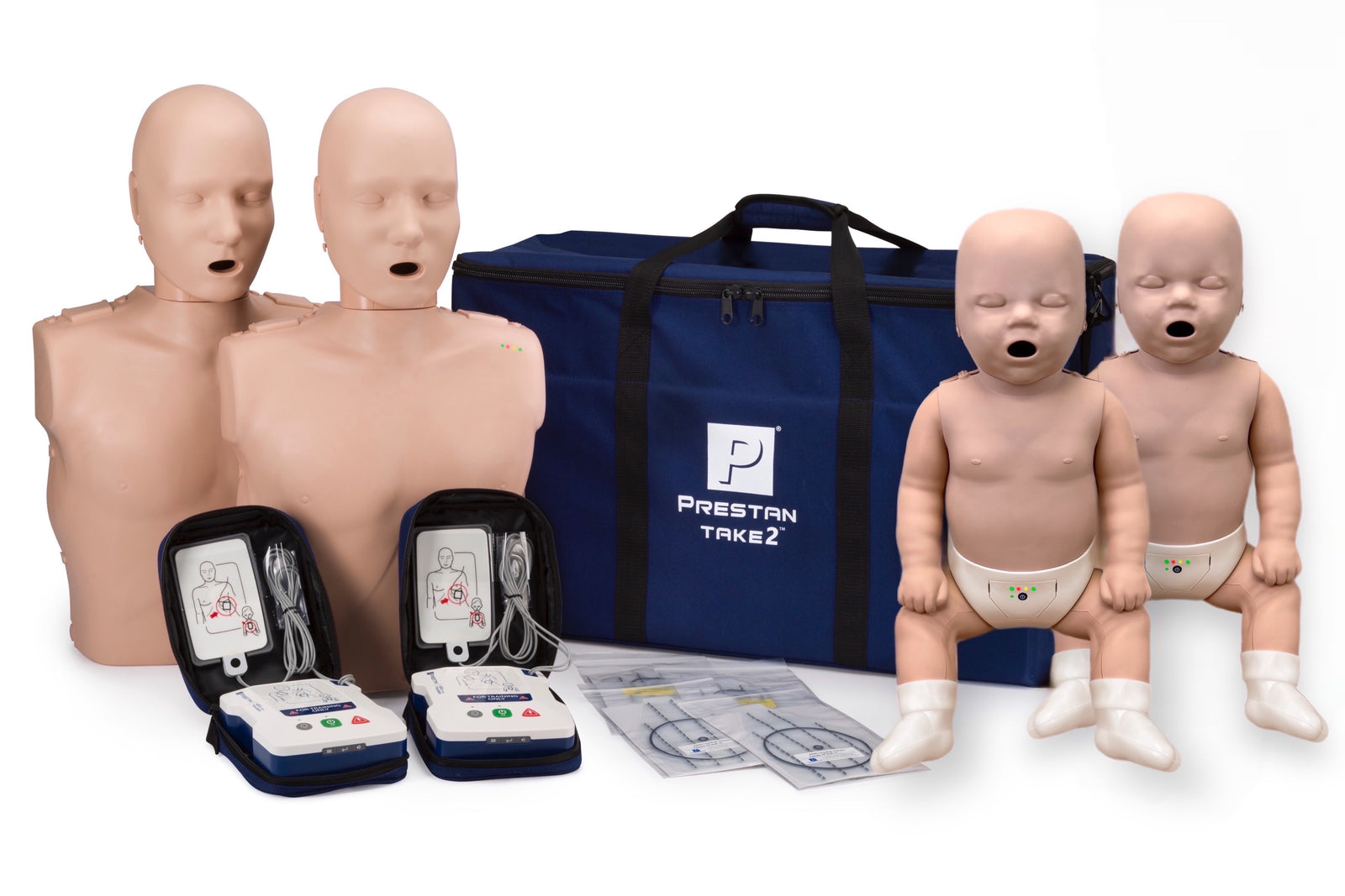 The Prestan TAKE2 Manikin and Training Unit Pack includes two adult and two infant Prestan manikins, two AED trainers, and a blue carrying bag for comprehensive CPR training.