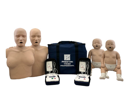 The Prestan TAKE2 Manikin and Training Unit Pack by Prestan includes two adult and two infant CPR feedback manikins, two AED trainers, and a blue carrying bag, all shown on a white background.