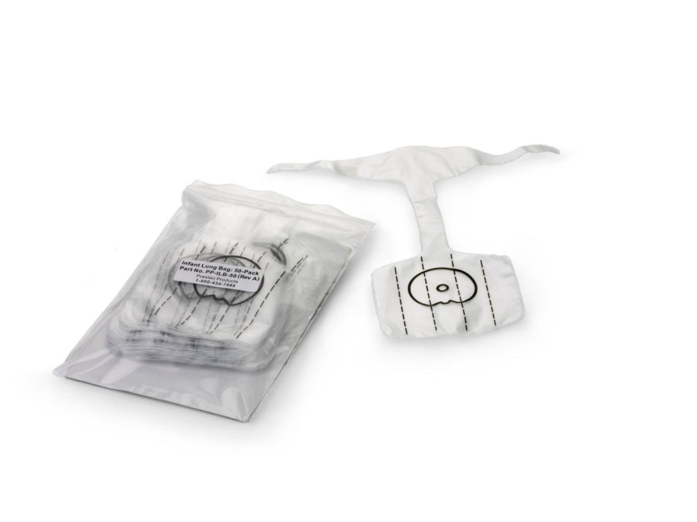 A package of Prestan Professional Infant CPR-AED Training Manikin Face Shield Lung Bags (50 count) with one bag out, featuring a central circular cutout and two side strips—ideal as a training accessory for Prestan Professional Infant CPR-AED Training Manikins.