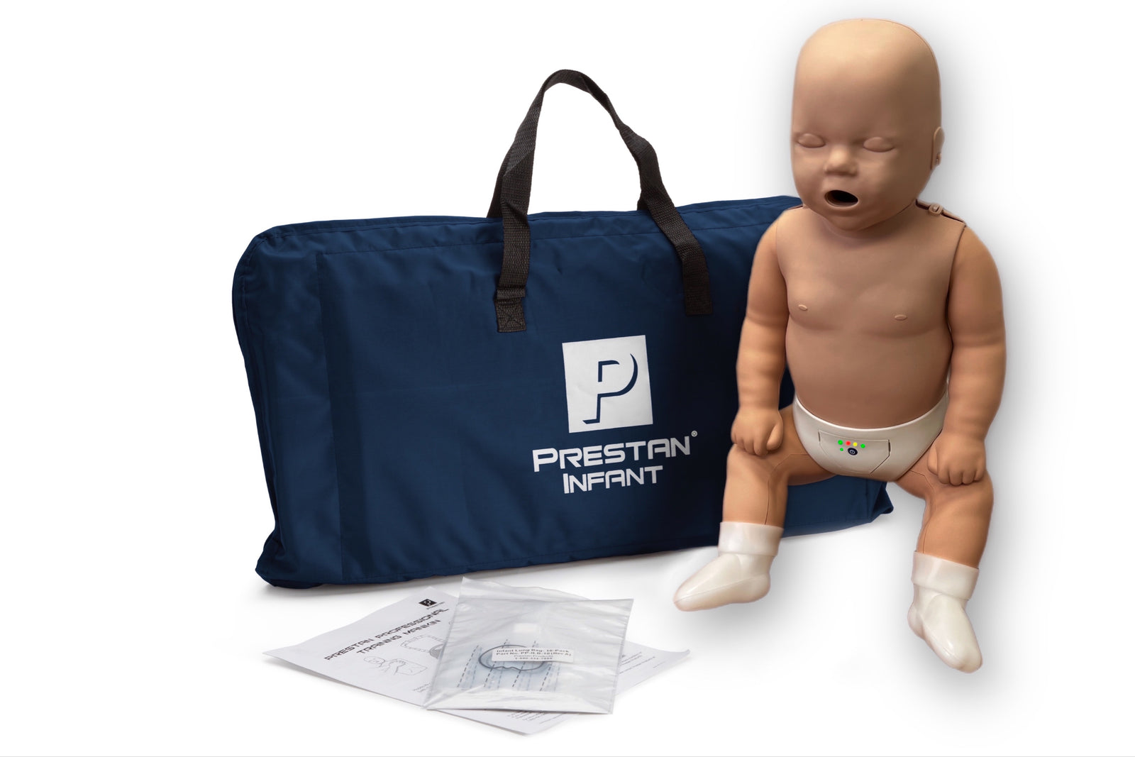 Prestan Professional Series INFANT Training Manikin by Prestan is displayed with a blue carrying bag and instructional materials on a white background, featuring an integrated feedback monitor.