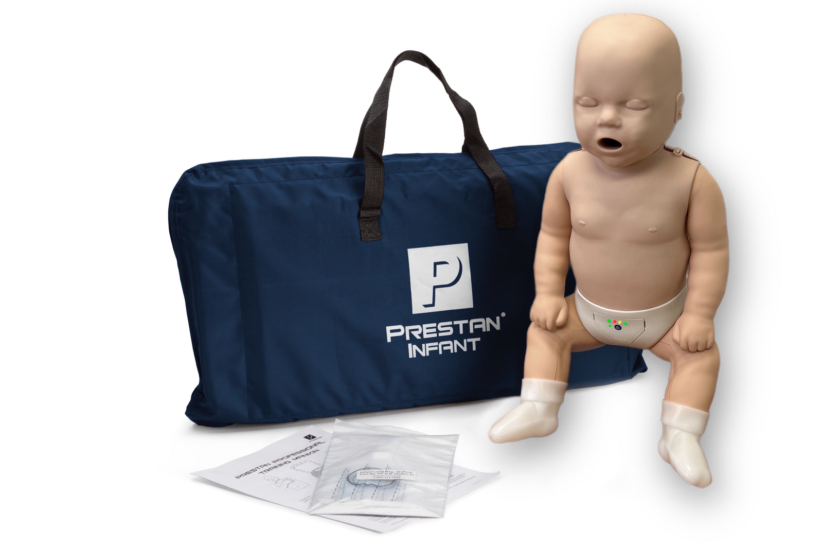 Prestan Professional Series INFANT Training Manikin by Prestan, includes blue carry bag, feedback monitor, and instructional materials for effective CPR-AED training.