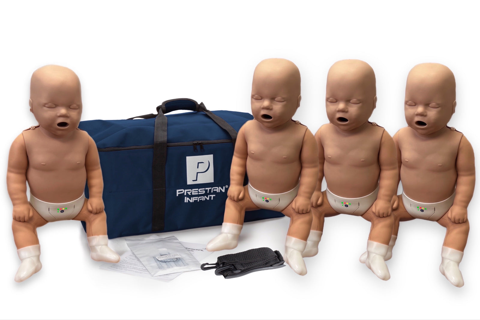 The Prestan Professional Series INFANT Training Manikin 4-Pack by Prestan includes four infant manikins and a blue "PRESTAN Infant" carry bag, perfect for AED training and hands-on CPR practice.