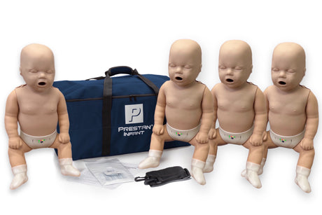 Four Prestan Professional Series INFANT Training Manikins by Prestan are arranged in front of a blue carrying bag labeled "PRESTAN INFANT," with accessories included for AED training.