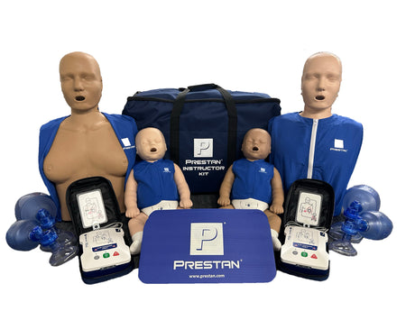The Prestan Professional Training Manikin FAMILY Pack by Prestan, including manikins with built-in CPR monitors and blue bags, is neatly arranged for effective training.