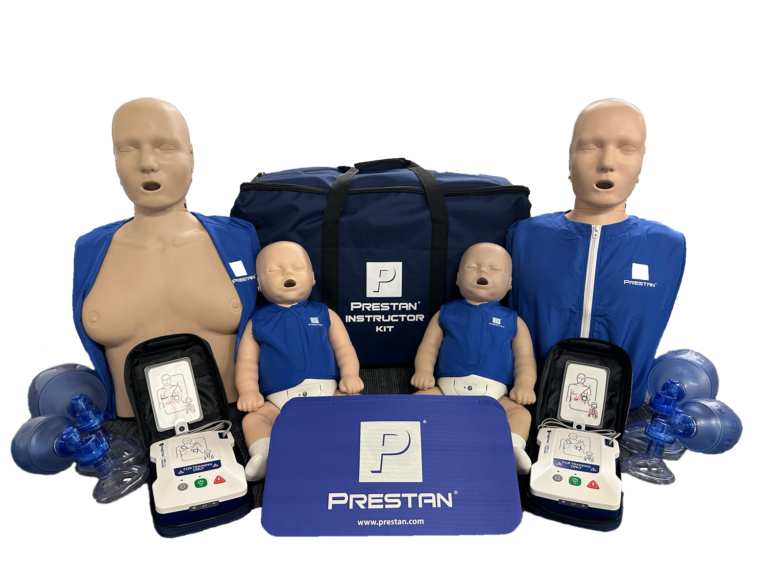 The Prestan Professional Training Manikin FAMILY Pack by Prestan includes manikins with CPR monitors, AED trainers, and a blue instructor kit with face shields and bags.