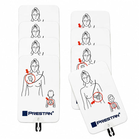 Six Prestan AED UltraTrainer Adult/Child Replacement Training Pads, each with clear adult and child placement diagrams on white backgrounds, compatible with Prestan AED UltraTrainer and Professional AED Trainer.