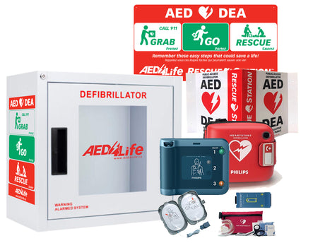 A Philips HeartStart FRx Defibrillator - Complete Package cabinet featuring the defibrillator, AED pads, and clear "AED" and "Rescue" instructions for emergency use, complete with CPR coaching to aid in sudden cardiac arrest scenarios.