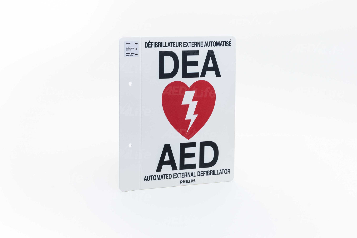 Philips AED-DEA sign. The Philips AED Wall Sign, bilingual (French/English) by Philips, is a flanged style sign measuring 5" x 7" that features a red heart with a white lightning bolt and the text "DEA AED Automated External Defibrillator.