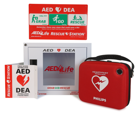 Philips HeartStart OnSite Defibrillator - Complete Package by Philips, including wall signs and a white rescue station cabinet, all clearly labeled AED/DEA—an essential workplace AED kit designed for rapid emergency response.