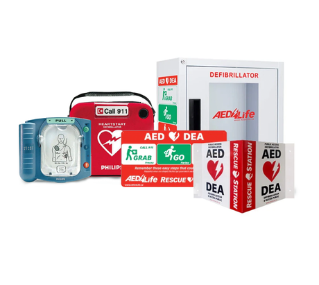 Enhance your emergency preparedness with the Philips HeartStart OnSite Defibrillator - Complete Package, featuring comprehensive AED signage, a wall mount box, and carrying case. Discover reliability by equipping your space with this essential Philips product.