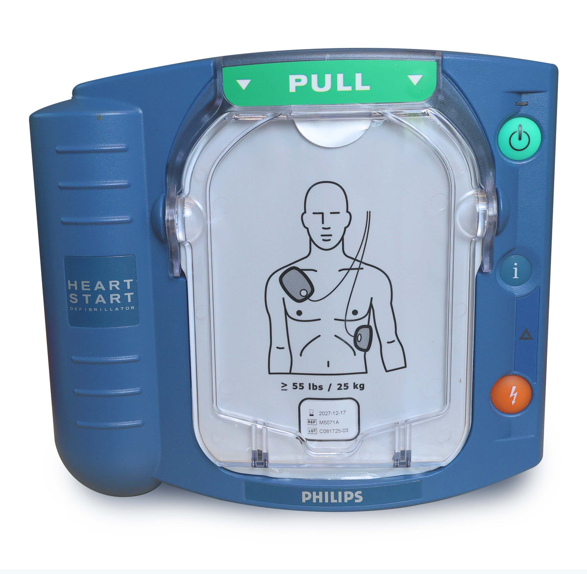 The Philips HeartStart OnSite Defibrillator by Philips features a blue design with a clear pad placement diagram and a green PULL handle, making it an ideal automated external defibrillator for fast and easy use at home during emergencies.