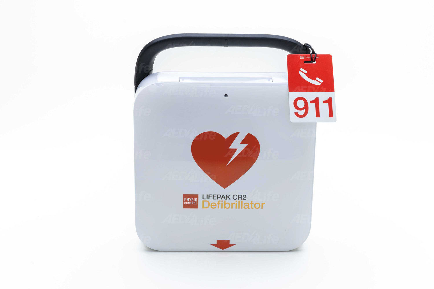 The Physio-Control LIFEPAK CR2 USB Bilingual defibrillator, by Physio-Control/STRYKER, features a red heart icon and a 911 emergency tag on a pristine white background, designed to respond swiftly during sudden cardiac arrest.