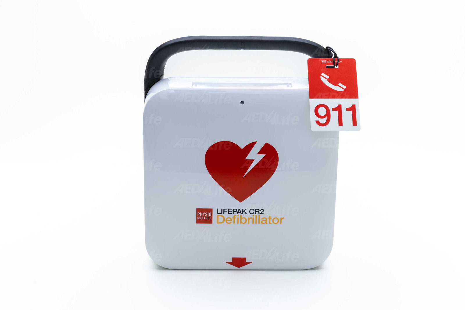 Physio-Control/STRYKER LIFEPAK CR2 Complete Package (Bilingual): White case with red heart and lightning bolt, marked "911" for emergency use, featuring cprINSIGHT technology for advanced response.