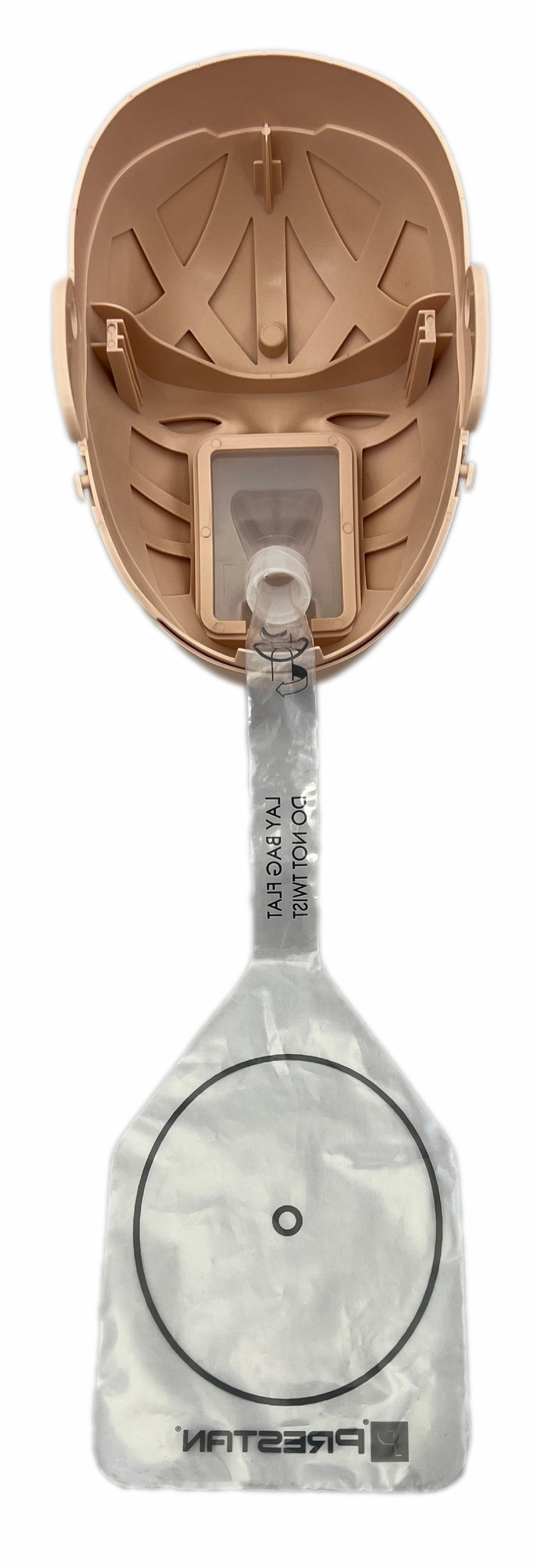 Inner view of a PRESTAN PRO+ prosthetic head with a transparent Adult Lung-Bag attached. The bag is labeled 'AEDShop'.