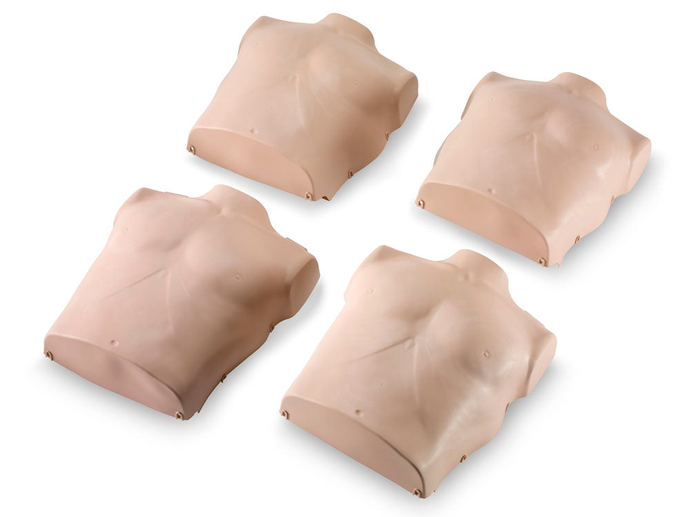 Four Prestan Professional Adult Manikins with medium skin are arranged on a white background, highlighting their realistic features for effective CPR training. These manikins are perfect for practice and can be paired with Torso Skin Replacements for Prestan Adult Manikin (4-pack) to enhance their longevity and effectiveness in training scenarios.