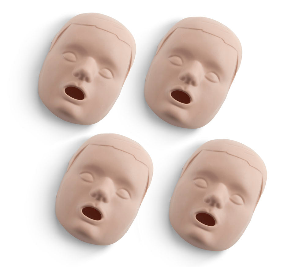 A set of four face skin replacements for the Prestan Child Manikin, featuring open mouths, displayed on a white background.