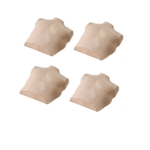 The Prestan Child Manikin Torso Skin Replacements (4-pack) are displayed in a 2x2 grid on a white background, highlighting their realistic and detailed design.