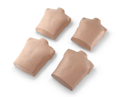 Four Prestan Professional Child Manikin torso skin replacements, medium skin tone, arranged in a square formation.