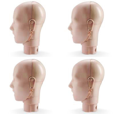 Four jaw thrust head assemblies, included in the Jaw Thrust Head Assemblies for Prestan Adult Light Skin Manikin (4-Pack), feature headsets and are positioned facing left in a square arrangement.