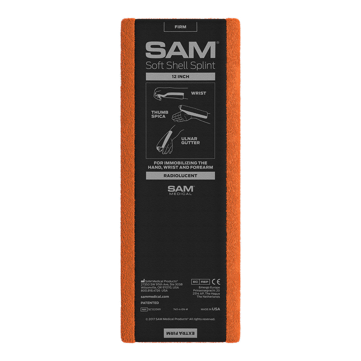 The SAM Medical Soft Shell Splint, measuring 12 inches and utilizing the C-Curve™ Principle and moldable aluminum, is specifically designed for firm immobilization of sprains in the hand, wrist, and forearm.