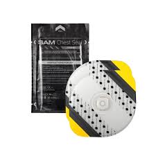 The SAM Medical Chest Seal Combo comes in striking black packaging with a circular white seal, highlighted by a geometric black and yellow design, perfect for managing open chest wounds with CoTCCC-preferred features.