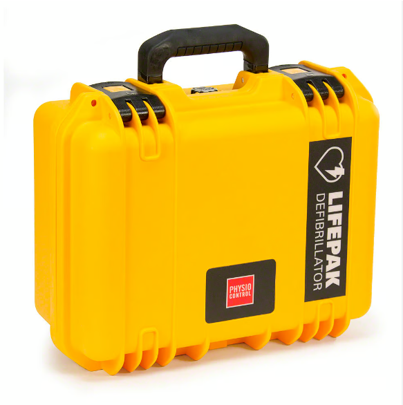 The Physio-Control/STRYKER LIFEPAK 1000 Trainer Hard Carry Case features a vibrant yellow design with a black handle and prominently displays the "Lifepak" branding on its side, crafted by Physio-Control. It is perfect for safeguarding and transporting your LIFEPAK 1000 unit.