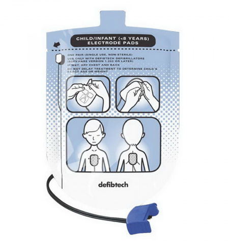 A Pediatric Electrode Set for Defibtech Lifeline View AED, featuring placement instructions with illustrations, specifically designed for child/infant defibrillator use.