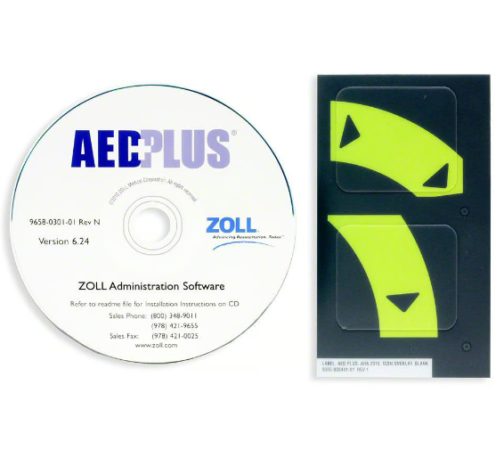 A CD labeled "ZOLL AED Plus 2010 Guidelines Upgrade, Single Kit - CD & One Overlay Label Set" bearing the ZOLL logo and contact information is placed next to a black and neon yellow package, suggesting compatibility with ZOLL Administrative Software and possibly necessitating a USB to IRDA cable for optimal use.