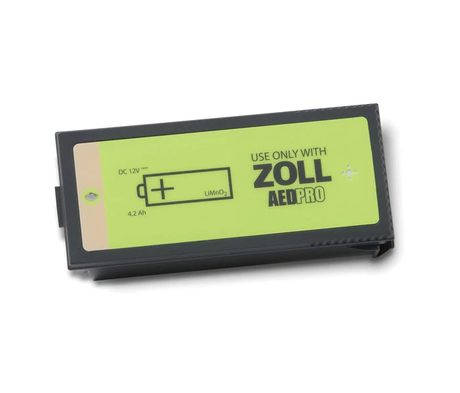 ZOLL, the brand behind the ZOLL AED Pro Battery, offers a battery with a green label and power specifications, designed as a non-rechargeable lithium-manganese oxide device.