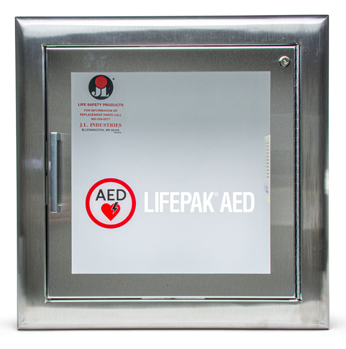 The Physio-Control/STRYKER Semi Recessed Wall Cabinet, Stainless Steel with Alarm, securely houses an AED and features a glass door labeled "LIFEPAK AED.