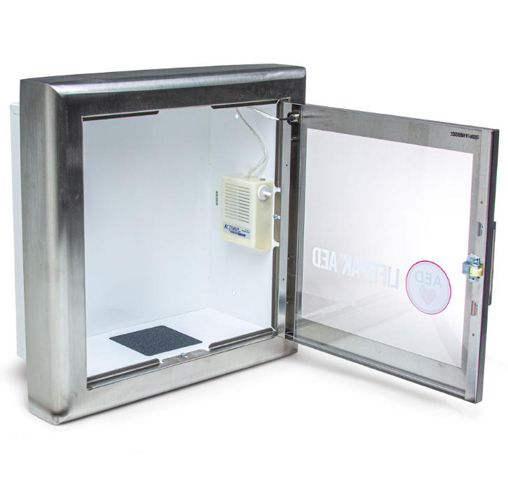 The Physio-Control/STRYKER Semi Recessed Wall Cabinet, Stainless Steel, w/ Alarm is shown with its glass door open, revealing an empty interior.