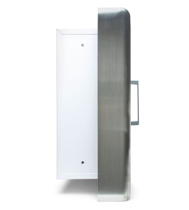 The Physio-Control/STRYKER Semi Recessed Wall Cabinet in stainless steel with alarm is shown mounted on a wall from the side against a white background.