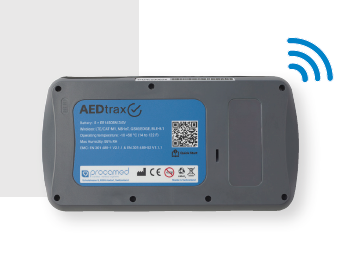 AEDtrax by The AED Shop features a blue label, QR code, and wireless signal icon on a light background—perfect for AED monitoring and compatible with ZOLL AED 3.