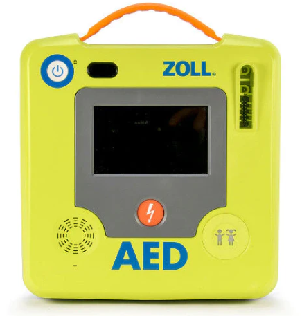 A yellow AEDtrax defibrillator by The AED Shop, featuring a screen, power button, and handle—ideal for effective AED monitoring and rapid emergency response.