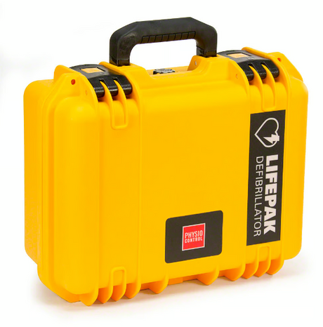 Bright yellow Physio-Control/STRYKER LIFEPAK CR® Plus/EXPRESS hard shell watertight carrying case with black handle and secure black latches.