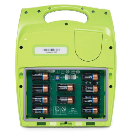 Green electronic device with battery compartments on a white background