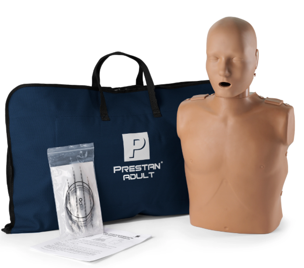 CPR training mannequin with navy carrying case and accessories on a white background