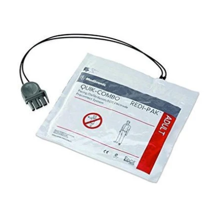 LIFEPAK QUIK-COMBO Electrode Pads with REDI-PAK Pre-Connect System by Physio-Control/STRYKER, compatible with LIFEPAK devices and featuring an attached cable.