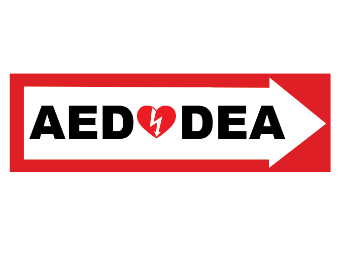 The Philips AED Directional Sign (Right arrow) is a red and white plastic sign displaying "AED DEA" with a heart and lightning bolt graphic, designed to clearly indicate the direction of the AED.