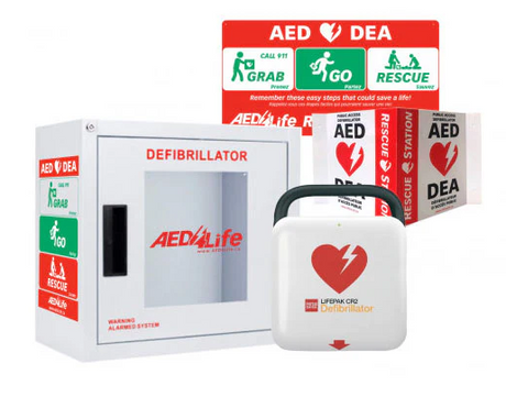 The Physio-Control/STRYKER LIFEPAK CR2 Bilingual (WiFi enabled) Complete Package includes an AED kit with cabinet and rescue instructions displaying red heart and white cross symbols for fast automated external defibrillator access.