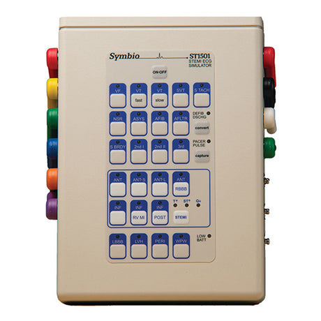 Introducing the Physio-Control/STRYKER LIFEPAK 12/15/20/1000 Quick-Combo 12 Lead Patient Simulator, a portable device equipped with a screen, buttons, and color-coded ECG/EKG cable connectors on the side—ideal for learning about patient heart rhythms.