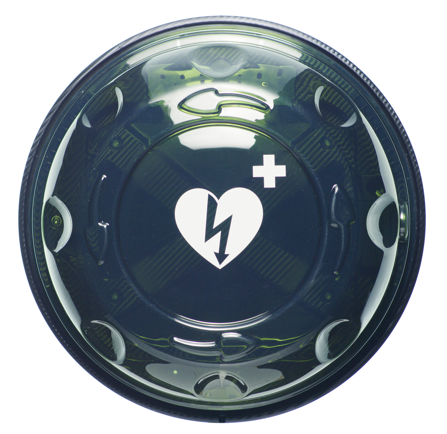 Round transparent lid featuring a lightning bolt heart and plus symbol, designed for seamless integration with the Rotaid 24/7 Fully Monitored, Heated, Alarmed AED Cabinet.