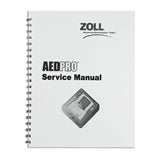 The spiral-bound service manual, named "ZOLL AED Pro Service Manual," displays the ZOLL brand prominently on the cover.